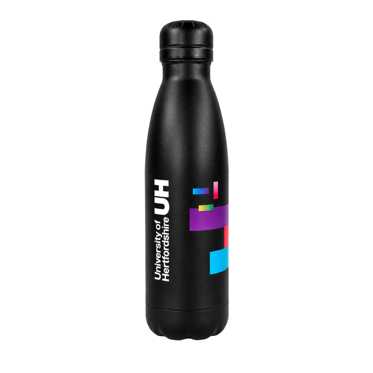 A matte black insulated water bottle with a matching black screw cap, featuring the white text 'University of Hertfordshire UH' and a colorful geometric logo on the front, set against a clean white background.